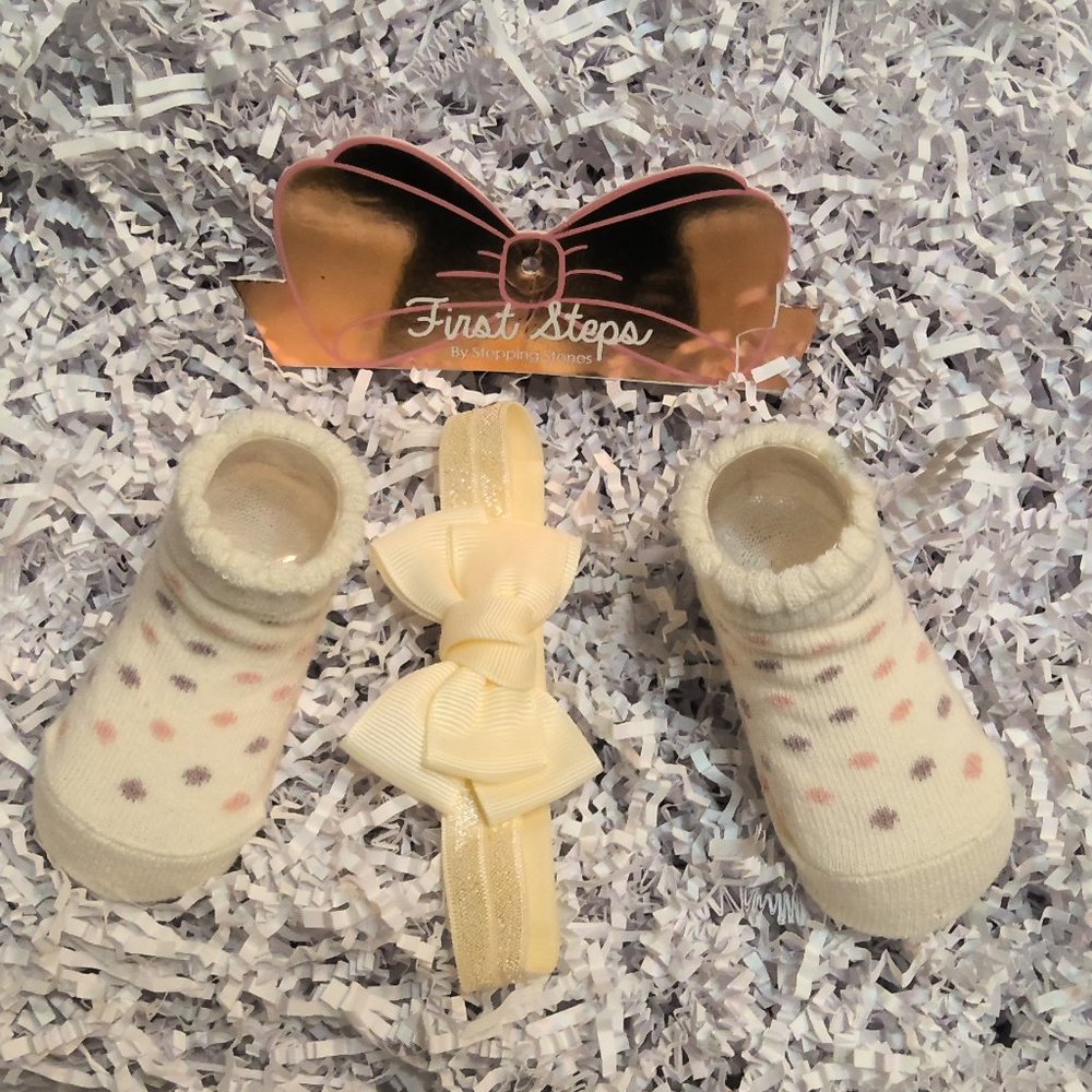 First Steps Socks and Bow, Pink & Mauve polka dot; Cream Sock